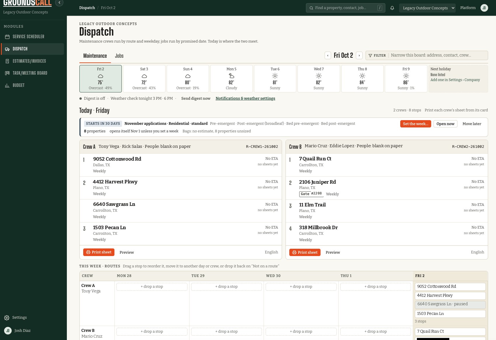 The Dispatch tab in GroundsCall, Maintenance view: two crews with numbered stops and a Print sheet button on each